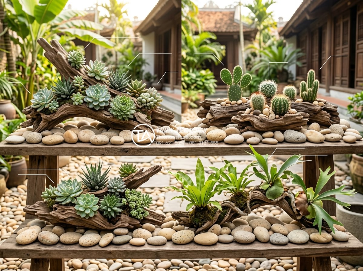 Top 5 loại cây trồng kèm tiểu cảnh gỗ lũa bền và dễ chăm sóc - Hình 3 Top 5 loại cây trồng kèm tiểu cảnh gỗ lũa bền và dễ chăm sóc - Infographic style image showing different types of easy-care plants suitable for