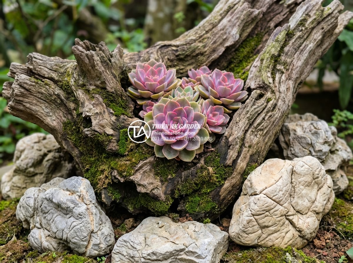 Top 5 loại cây trồng kèm tiểu cảnh gỗ lũa bền và dễ chăm sóc - Hình 4 Top 5 loại cây trồng kèm tiểu cảnh gỗ lũa bền và dễ chăm sóc - Photorealistic close-up of Echeveria succulents in various colors like pink, pur