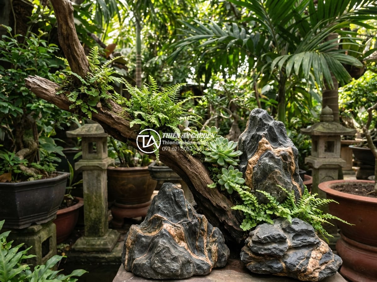Top 5 loại cây trồng kèm tiểu cảnh gỗ lũa bền và dễ chăm sóc - Hình 6 Top 5 loại cây trồng kèm tiểu cảnh gỗ lũa bền và dễ chăm sóc - Beautiful arrangement of miniature ferns and succulents on a natural driftwood b