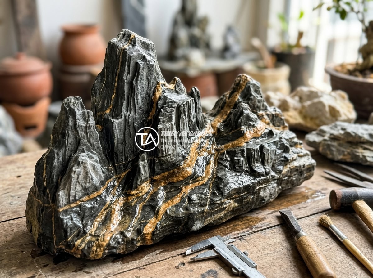 Top 50+ mẫu tiểu cảnh chú tiểu đẹp, thanh tịnh dẫn đầu xu hướng 2026 - Detailed close-up realistic image of premium natural stone materials for little 