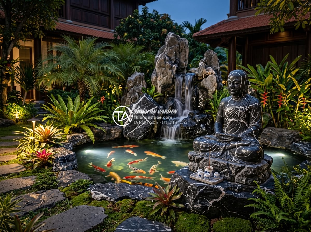 Top 50+ mẫu tiểu cảnh chú tiểu đẹp, thanh tịnh dẫn đầu xu hướng 2026 - Luxury realistic photograph of a high-end villa garden with integrated Koi pond 
