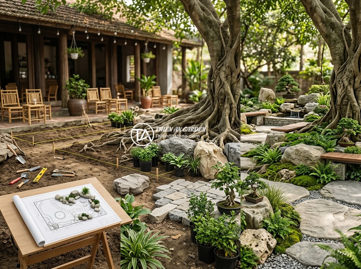 Trang trí gốc cây trong quán cafe sân vườn: Thu hút khách hàng từ cái nhìn đầu tiên - 3D rendered concept of expertly designed small landscape around cafe tree roots,
