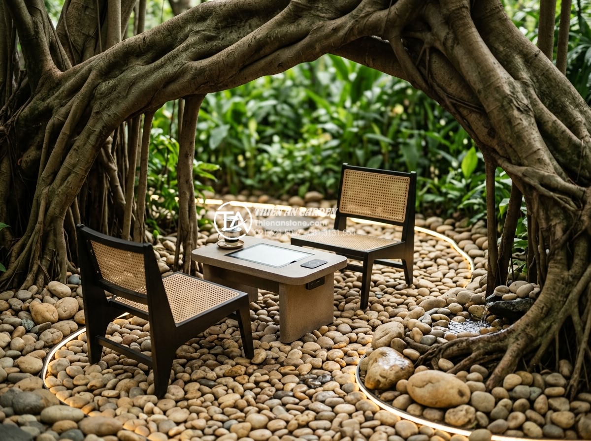 Trang trí gốc cây trong quán cafe sân vườn: Thu hút khách hàng từ cái nhìn đầu tiên - Innovative small scene under tree roots featuring advanced natural stone element