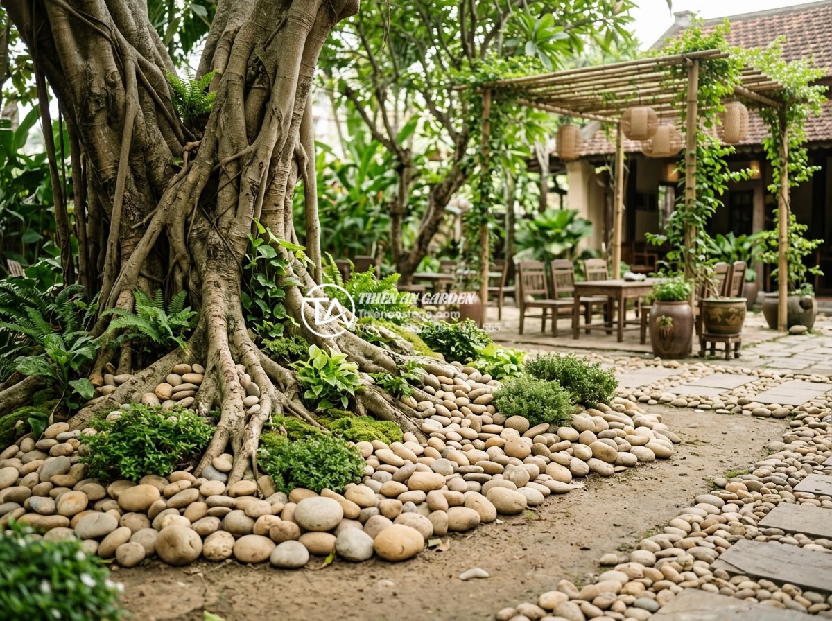 Trang trí gốc cây trong quán cafe sân vườn: Thu hút khách hàng từ cái nhìn đầu tiên - Wide angle view of a beautifully decorated tree root area in an outdoor cafe gar