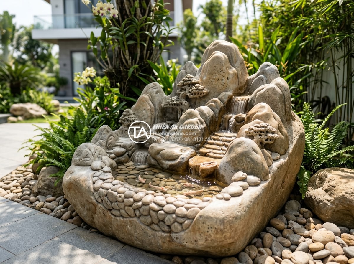 Tư vấn chọn đơn vị thi công tiểu cảnh đá mỹ nghệ uy tín tại Đà Nẵng - Hình 1 Tư vấn chọn đơn vị thi công tiểu cảnh đá mỹ nghệ uy tín tại Đà Nẵng - A beautifully carved natural stone miniature landscape featuring mountains, wate