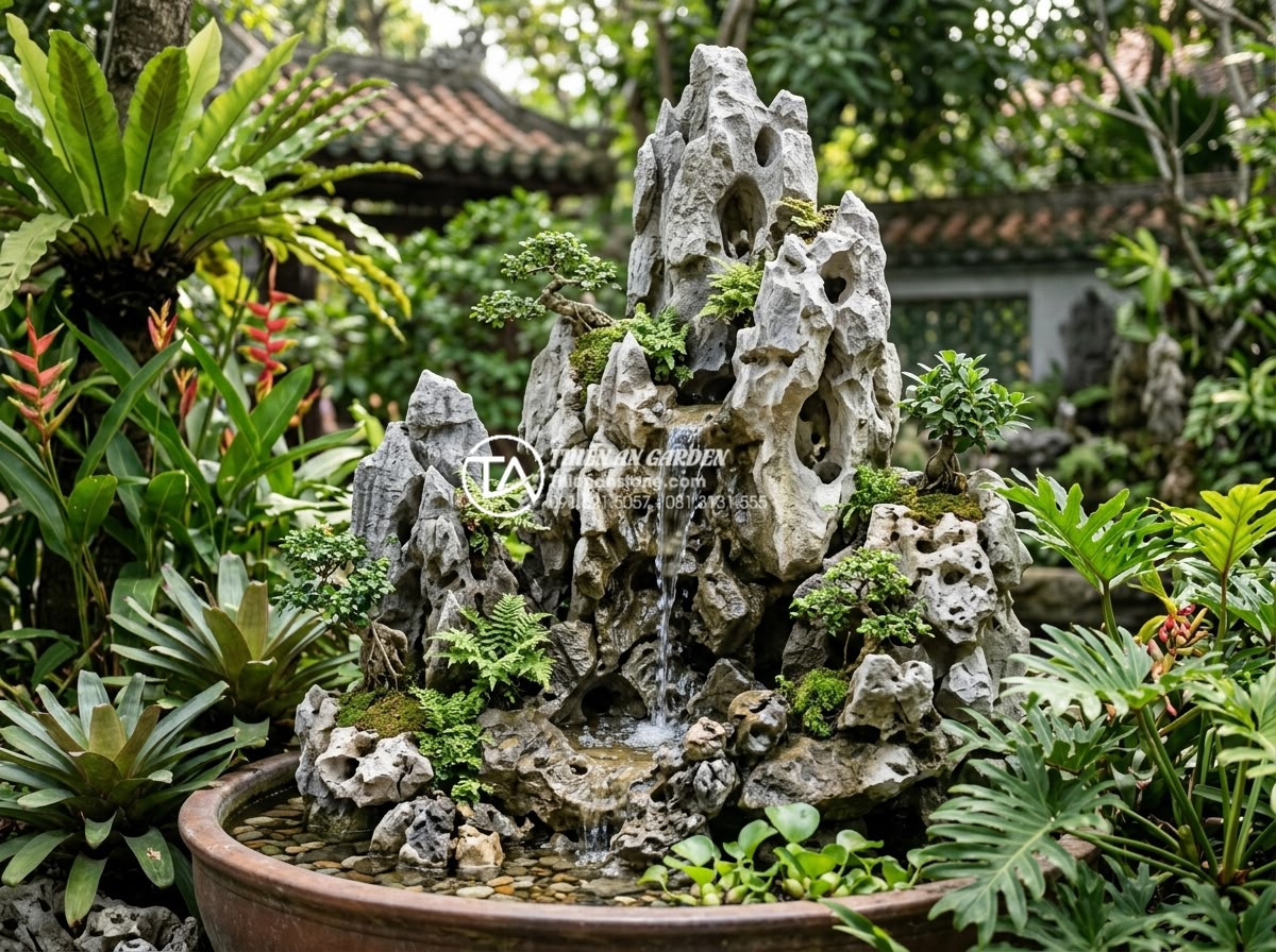 Tư vấn chọn đơn vị thi công tiểu cảnh đá mỹ nghệ uy tín tại Đà Nẵng - Hình 10 Tư vấn chọn đơn vị thi công tiểu cảnh đá mỹ nghệ uy tín tại Đà Nẵng - Completed professional installation of intricate stone art miniature scene with
