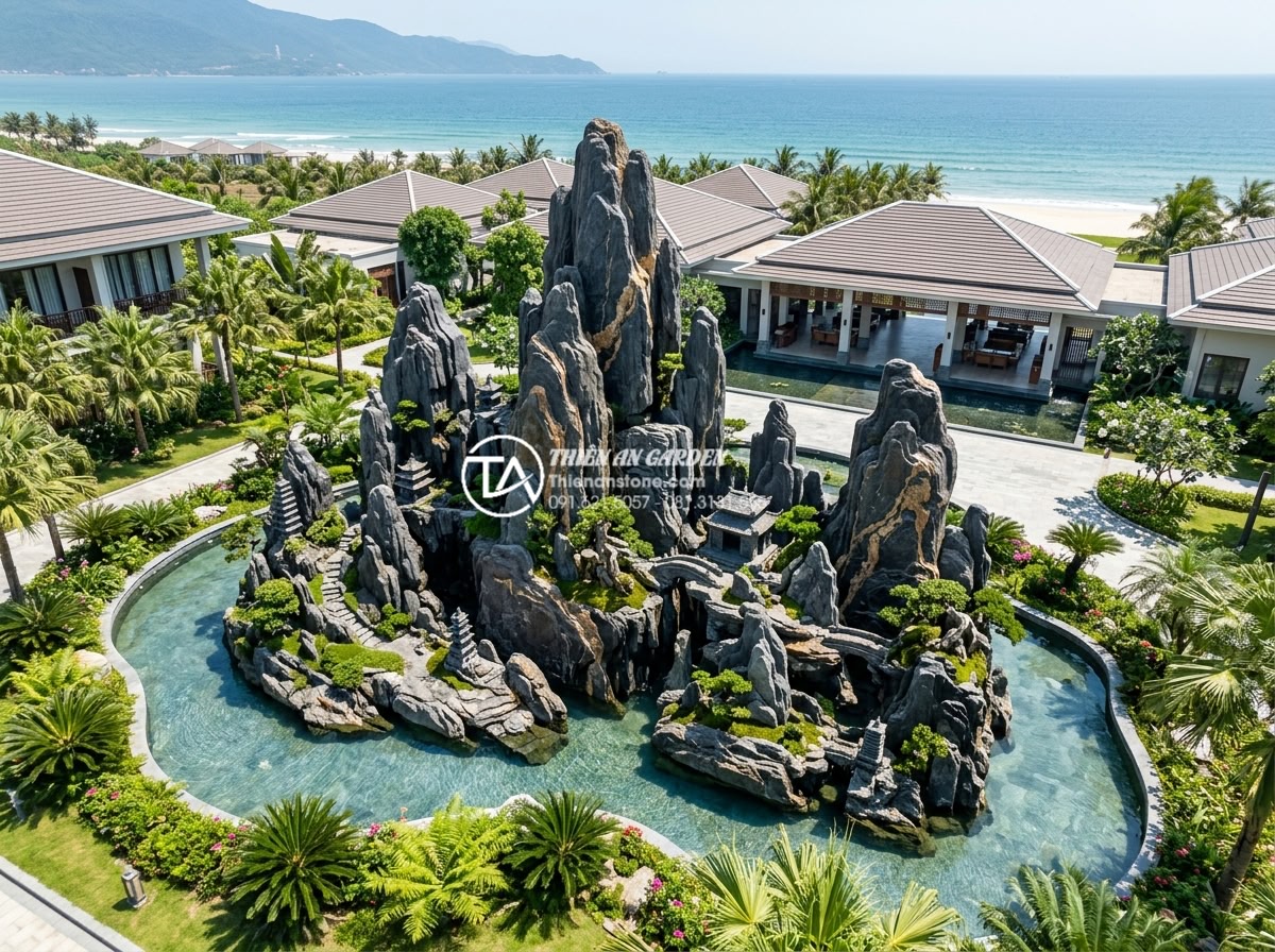 Tư vấn chọn đơn vị thi công tiểu cảnh đá mỹ nghệ uy tín tại Đà Nẵng - Hình 18 Tư vấn chọn đơn vị thi công tiểu cảnh đá mỹ nghệ uy tín tại Đà Nẵng - Aerial view of large-scale resort miniature stone landscape completed by Da Camh