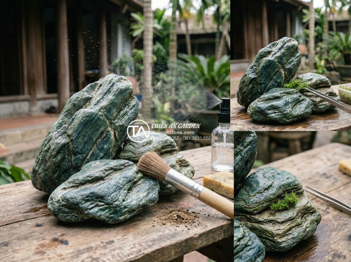 Tư vấn chọn đơn vị thi công tiểu cảnh đá mỹ nghệ uy tín tại Đà Nẵng - Hình 20 Tư vấn chọn đơn vị thi công tiểu cảnh đá mỹ nghệ uy tín tại Đà Nẵng - Maintenance guide visual for artistic stone miniature scenes showing cleaning an