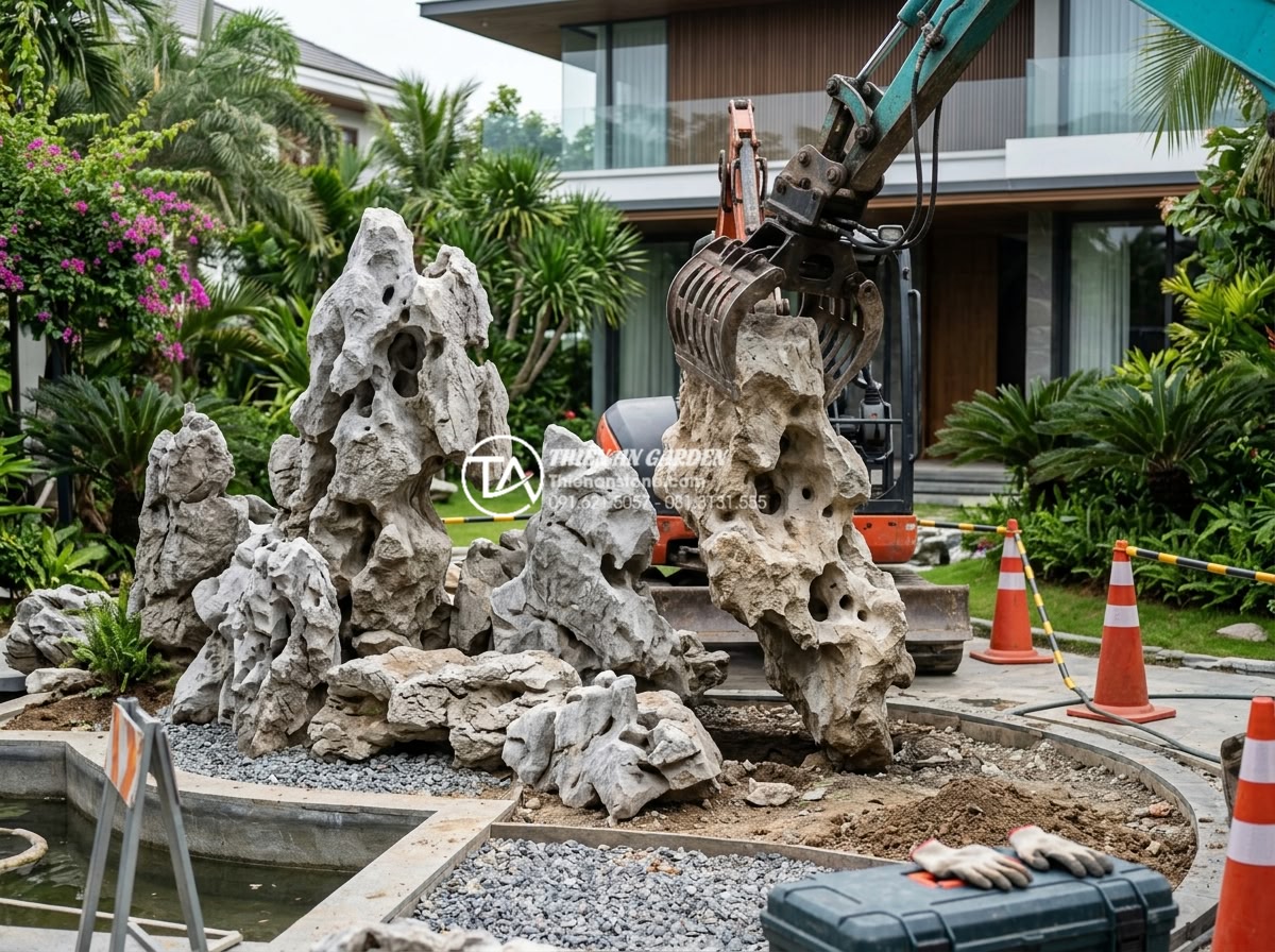 Tư vấn chọn đơn vị thi công tiểu cảnh đá mỹ nghệ uy tín tại Đà Nẵng - Hình 3 Tư vấn chọn đơn vị thi công tiểu cảnh đá mỹ nghệ uy tín tại Đà Nẵng - Professional team of stone craftsmen installing a large artistic rockery miniatu