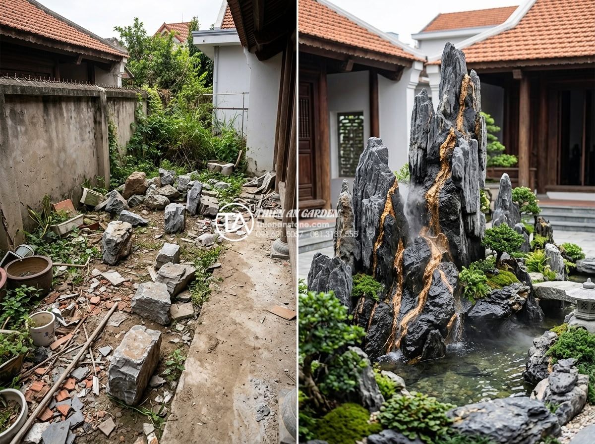 Tư vấn chọn đơn vị thi công tiểu cảnh đá mỹ nghệ uy tín tại Đà Nẵng - Hình 4 Tư vấn chọn đơn vị thi công tiểu cảnh đá mỹ nghệ uy tín tại Đà Nẵng - Before and after comparison of a well-executed stone miniature landscape project