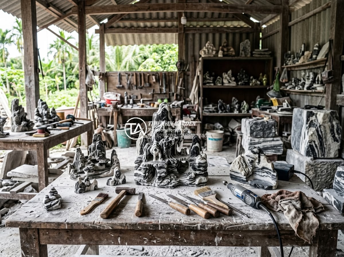 Tư vấn chọn đơn vị thi công tiểu cảnh đá mỹ nghệ uy tín tại Đà Nẵng - Hình 5 Tư vấn chọn đơn vị thi công tiểu cảnh đá mỹ nghệ uy tín tại Đà Nẵng - Experienced stone sculpture workshop interior in Da Nang with artisans carving d