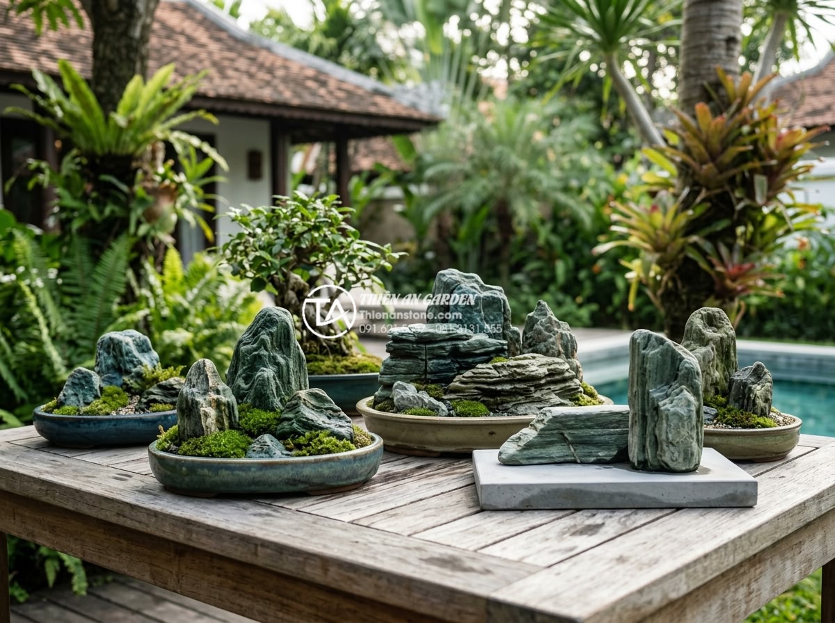 Tư vấn chọn đơn vị thi công tiểu cảnh đá mỹ nghệ uy tín tại Đà Nẵng - Hình 6 Tư vấn chọn đơn vị thi công tiểu cảnh đá mỹ nghệ uy tín tại Đà Nẵng - Portfolio display of completed stone art miniature projects showcasing various s