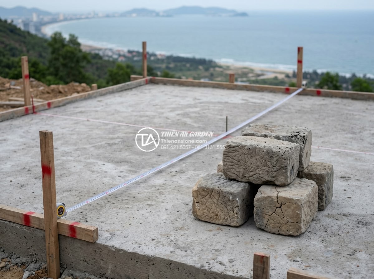 Tư vấn chọn đơn vị thi công tiểu cảnh đá mỹ nghệ uy tín tại Đà Nẵng - Hình 9 Tư vấn chọn đơn vị thi công tiểu cảnh đá mỹ nghệ uy tín tại Đà Nẵng - Step-by-step professional stone miniature landscape construction process showing