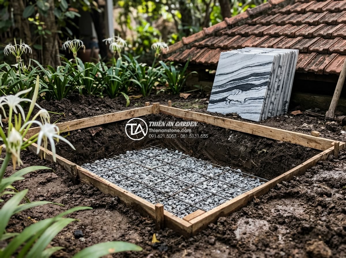 Ứng dụng tiểu cảnh chú tiểu trong trang trí quán cafe sân vườn cực hút khách - Hình 11 Ứng dụng tiểu cảnh chú tiểu trong trang trí quán cafe sân vườn cực hút khách - Professional step-by-step construction process of installing a natural stone mon