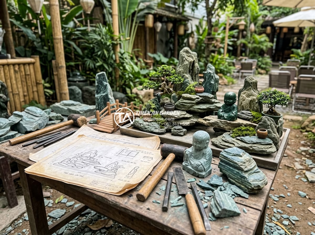 Ứng dụng tiểu cảnh chú tiểu trong trang trí quán cafe sân vườn cực hút khách - Hình 12 Ứng dụng tiểu cảnh chú tiểu trong trang trí quán cafe sân vườn cực hút khách - Team of skilled artisans and installers working on a detailed tiểu cảnh chú tiểu