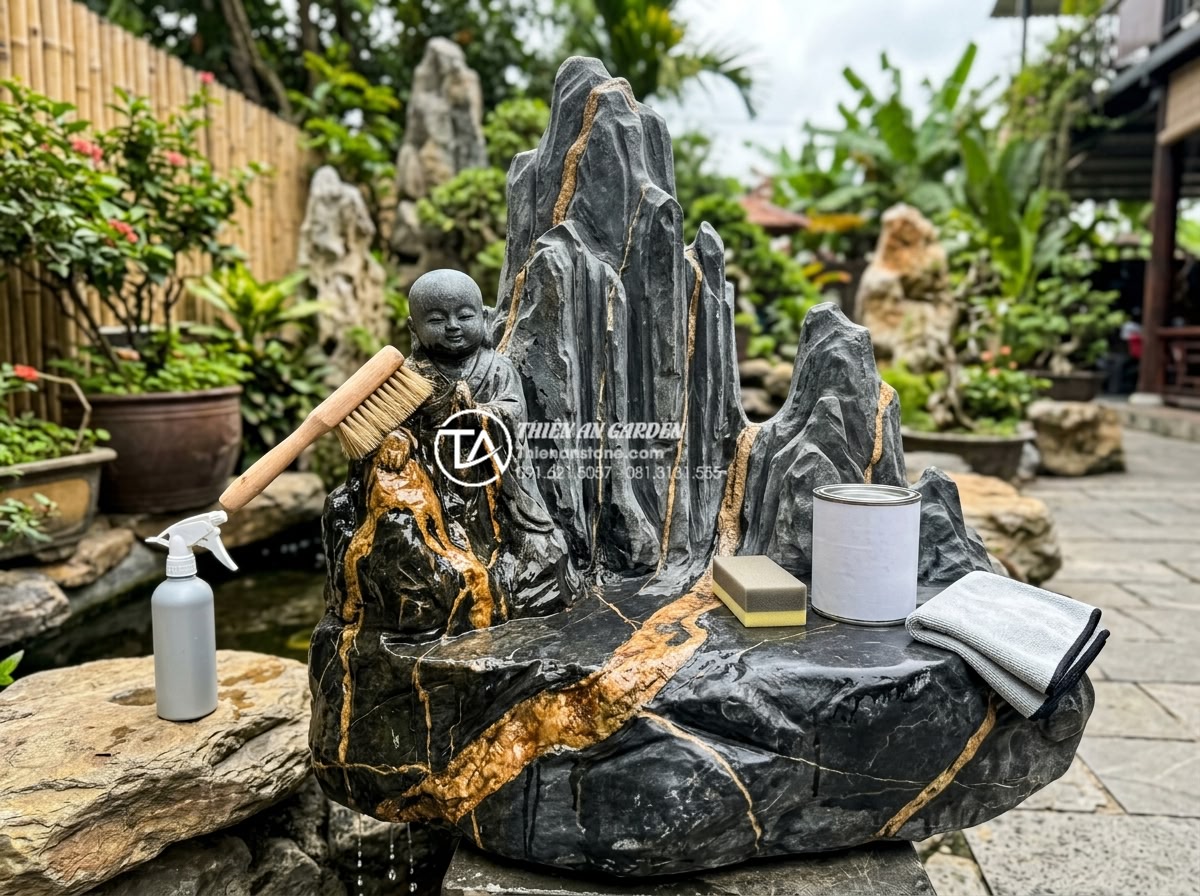 Ứng dụng tiểu cảnh chú tiểu trong trang trí quán cafe sân vườn cực hút khách - Hình 17 Ứng dụng tiểu cảnh chú tiểu trong trang trí quán cafe sân vườn cực hút khách - Maintenance guide visual of cleaning and preserving a natural stone chú tiểu sta