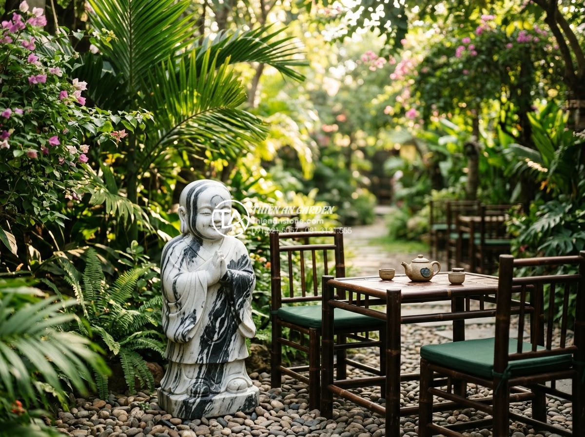 Ứng dụng tiểu cảnh chú tiểu trong trang trí quán cafe sân vườn cực hút khách - Hình 4 Ứng dụng tiểu cảnh chú tiểu trong trang trí quán cafe sân vườn cực hút khách - Realistic image showing a natural stone chú tiểu statue positioned near a cafe t