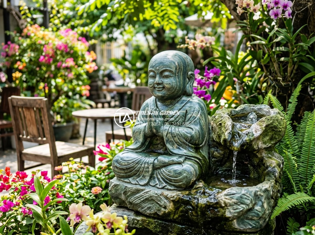 Ứng dụng tiểu cảnh chú tiểu trong trang trí quán cafe sân vườn cực hút khách - Hình 5 Ứng dụng tiểu cảnh chú tiểu trong trang trí quán cafe sân vườn cực hút khách - Detailed outdoor scene of a popular small monk statue sample in a cafe garden, c