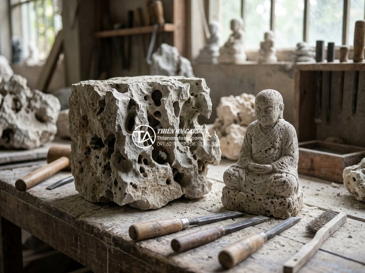 Ứng dụng tiểu cảnh chú tiểu trong trang trí quán cafe sân vườn cực hút khách - Hình 9 Ứng dụng tiểu cảnh chú tiểu trong trang trí quán cafe sân vườn cực hút khách - Close-up of premium natural stone materials used in crafting little monk statues