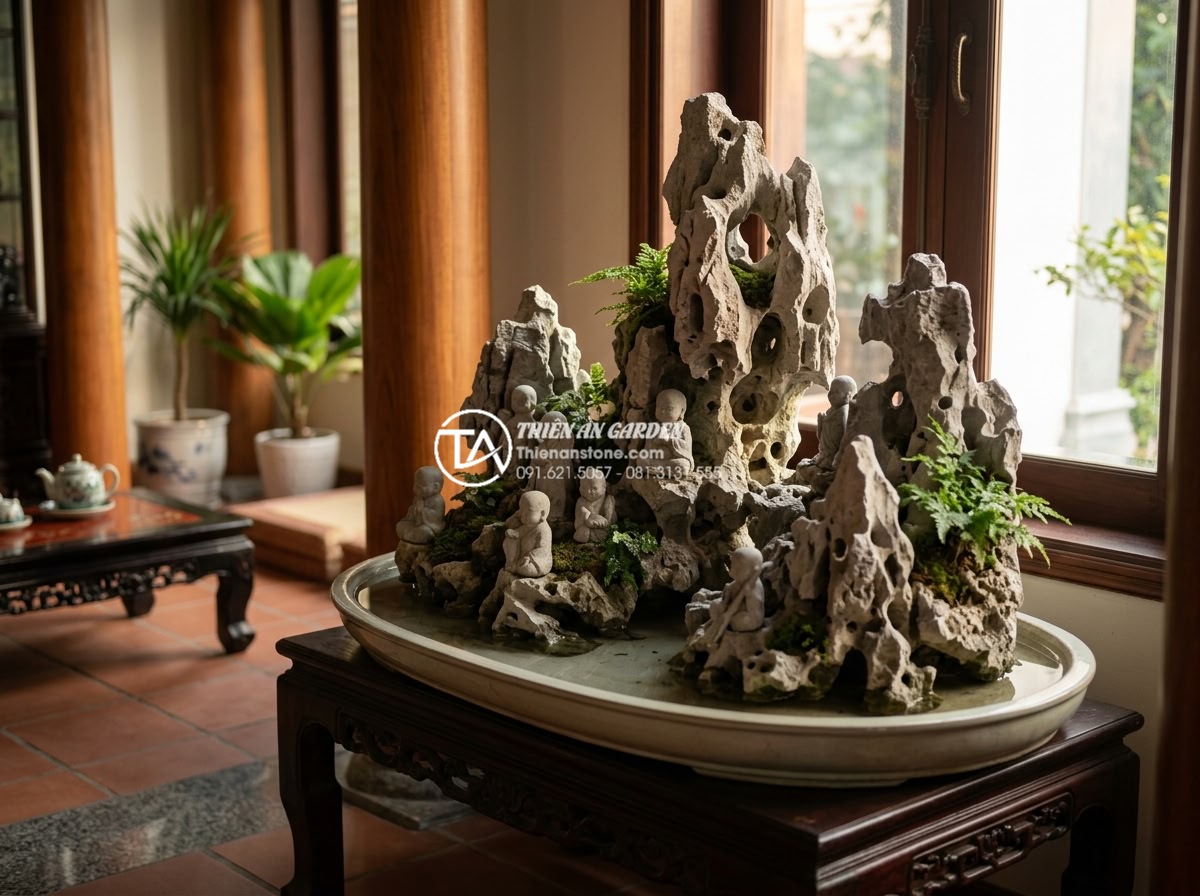 Vị trí đặt tiểu cảnh chú tiểu trong nhà giúp thu hút năng lượng tích cực - Serene final scene of a beautifully completed natural stone little monk landscap