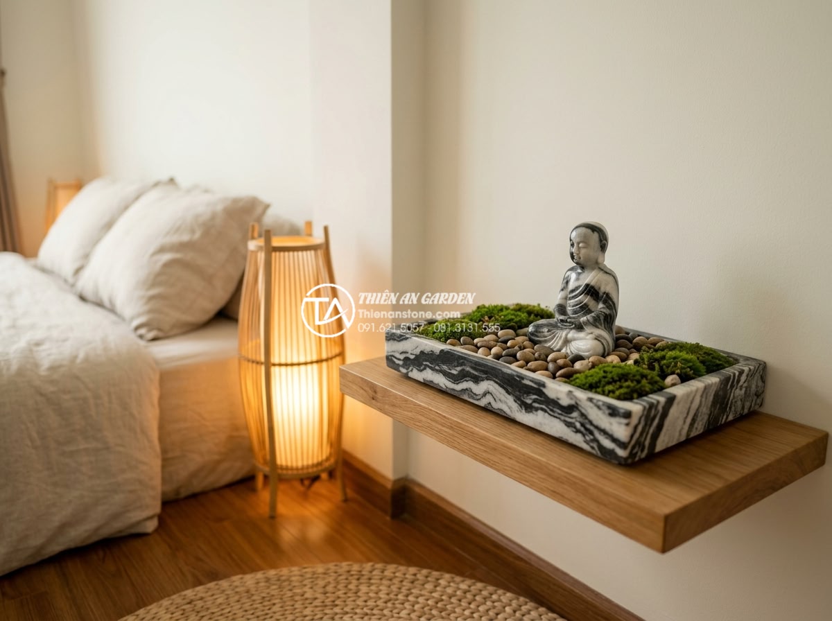 Vị trí đặt tiểu cảnh chú tiểu trong nhà giúp thu hút năng lượng tích cực - Peaceful bedroom interior corner with a small natural stone carved little monk i