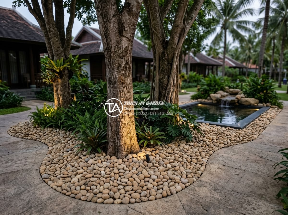 Xu hướng sử dụng sỏi quay và đá dăm trong tiểu cảnh gốc cây hiện đại - Real project photo from Đá Cảnh Thiên An portfolio showing beautifully executed 