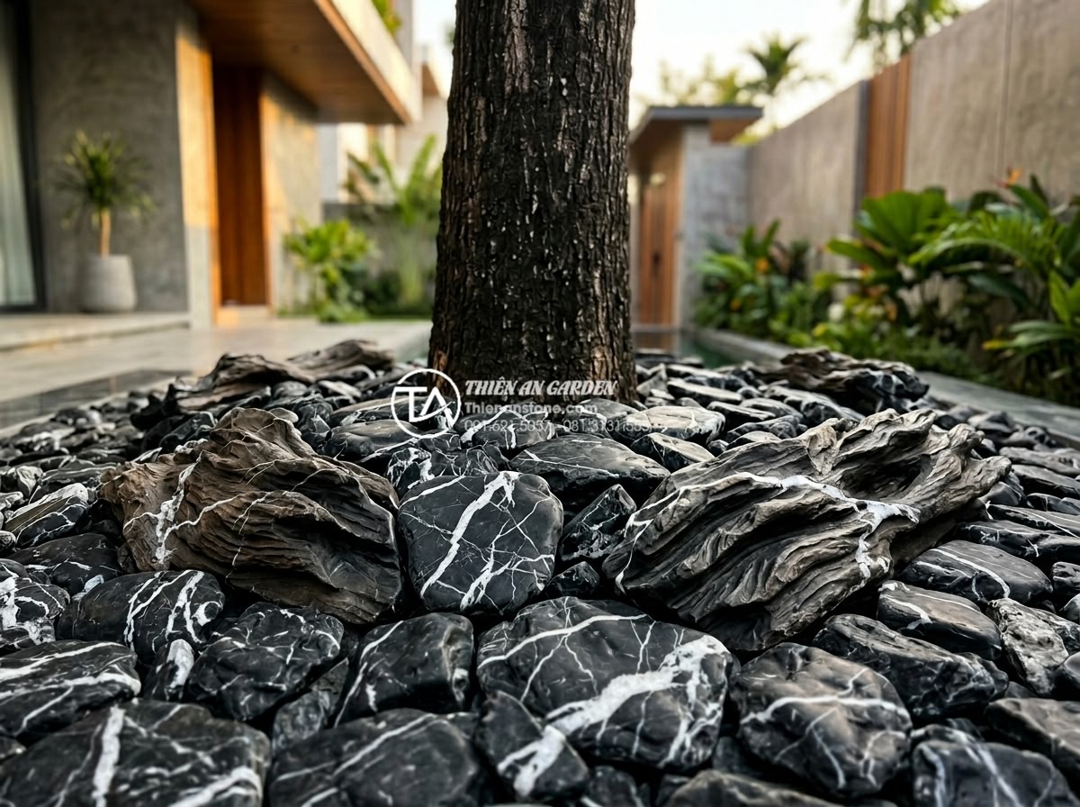 Xu hướng sử dụng sỏi quay và đá dăm trong tiểu cảnh gốc cây hiện đại - Close-up professional photograph of tree base landscaping using premium quality 