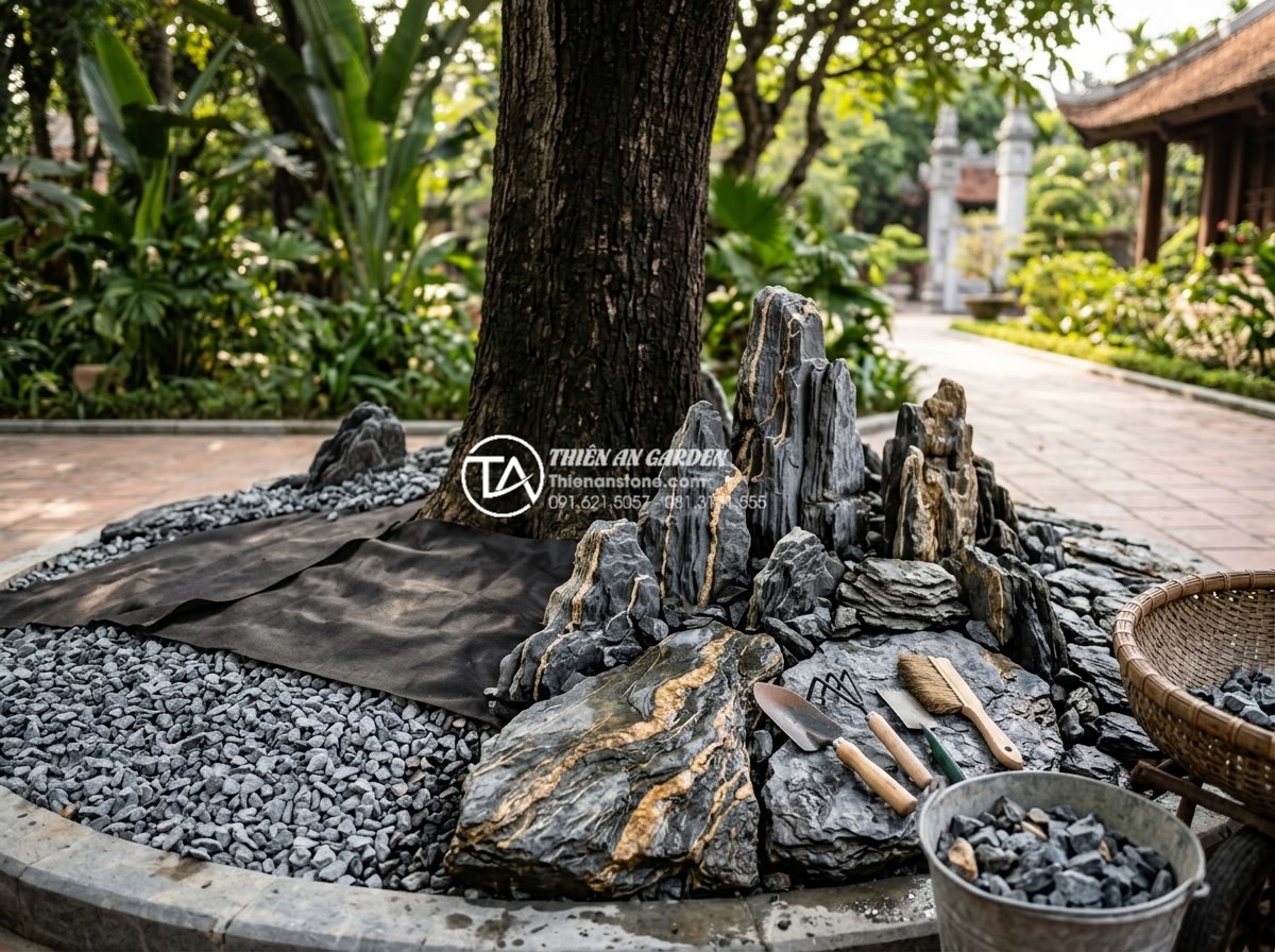 Xu hướng sử dụng sỏi quay và đá dăm trong tiểu cảnh gốc cây hiện đại - Step-by-step professional installation process photo of tree base gravel landsca