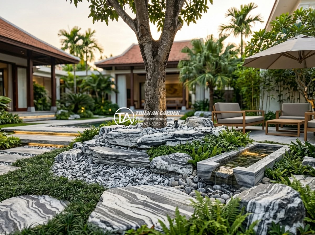 Xu hướng sử dụng sỏi quay và đá dăm trong tiểu cảnh gốc cây hiện đại - Stunning artistic rendering of integrated modern landscape design where tree bas