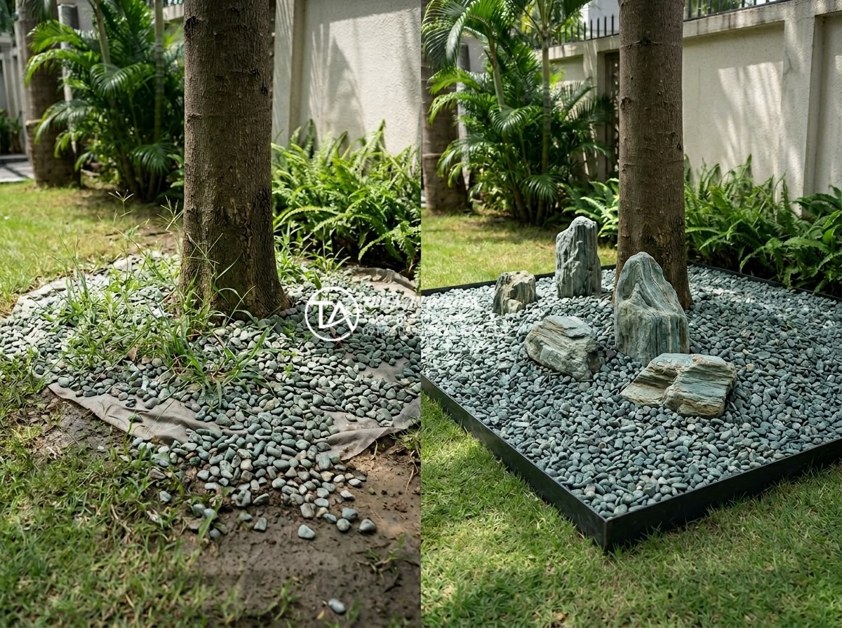 Xu hướng sử dụng sỏi quay và đá dăm trong tiểu cảnh gốc cây hiện đại - Before and after comparison photo of common mistakes in gravel tree base landsca
