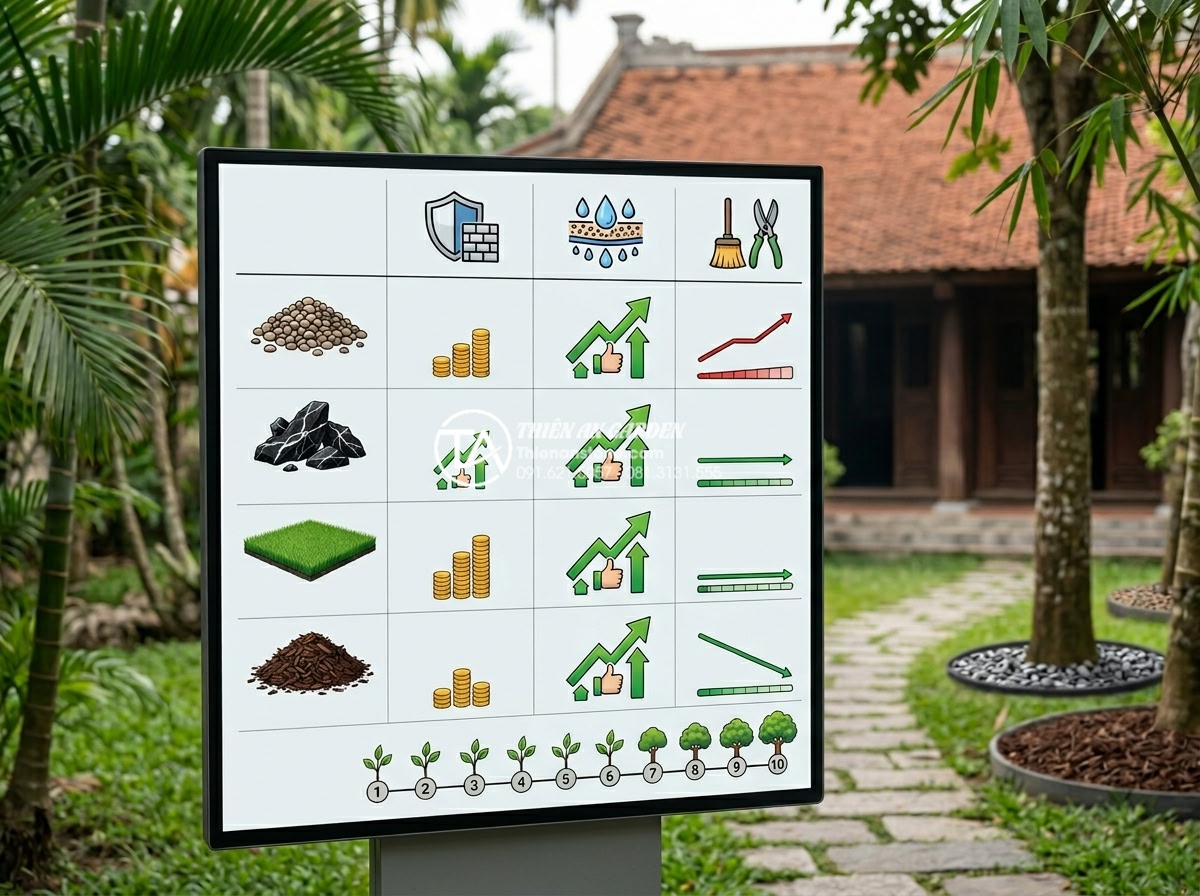 Xu hướng sử dụng sỏi quay và đá dăm trong tiểu cảnh gốc cây hiện đại - Professional comparison infographic style image showing cost-benefit analysis of