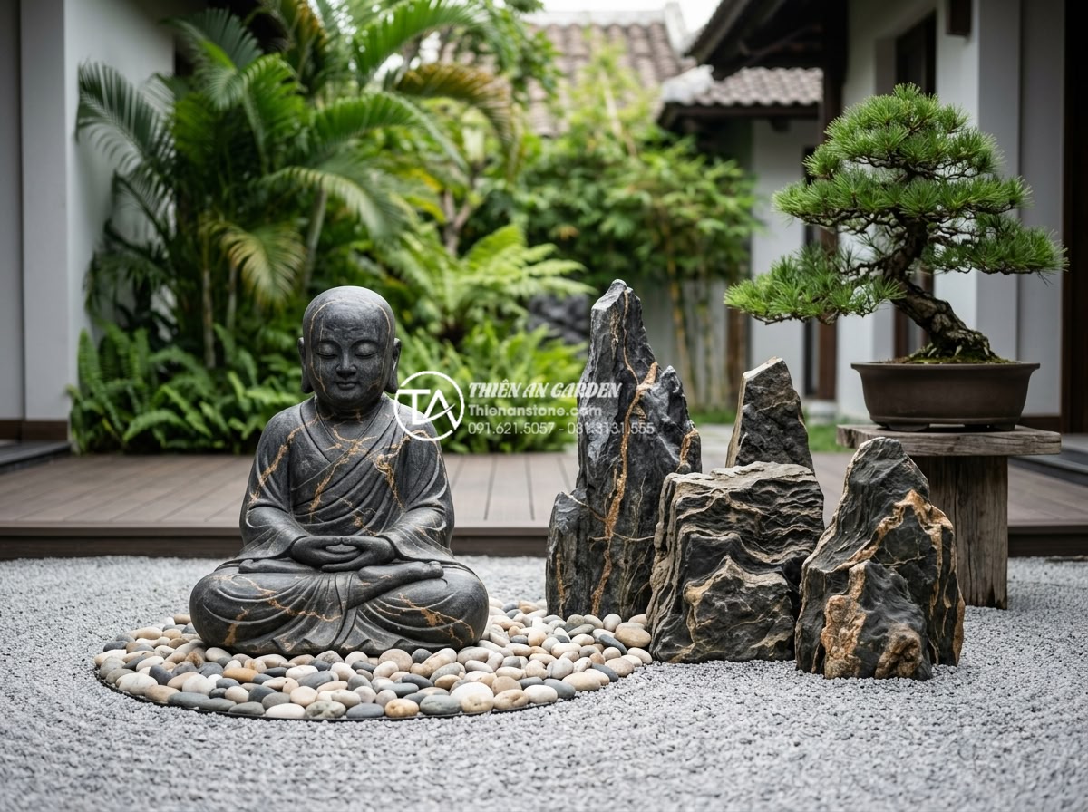 Xu hướng thiết kế tiểu cảnh chú tiểu phong cách tối giản (Minimalism) 2026 - Photorealistic minimalist zen garden scene in 2026 style featuring a single hand