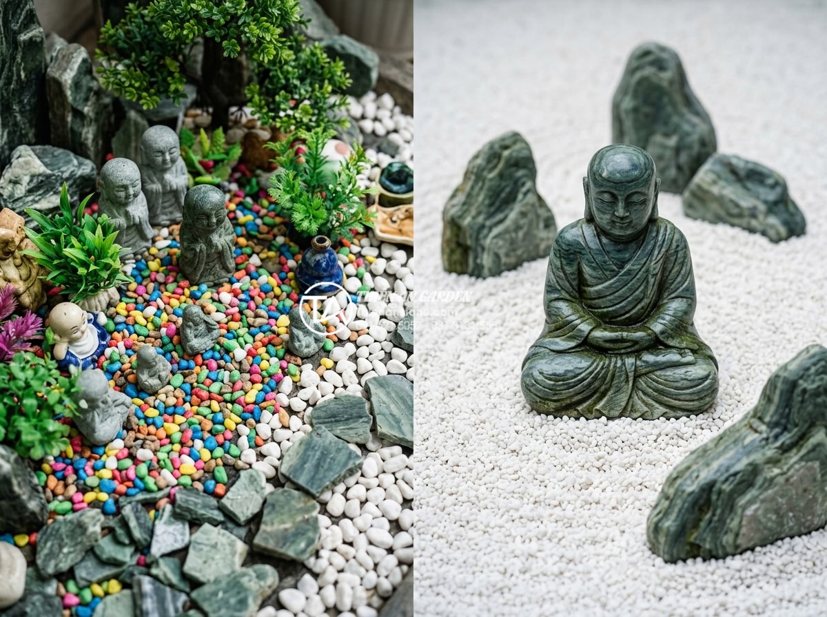 Xu hướng thiết kế tiểu cảnh chú tiểu phong cách tối giản (Minimalism) 2026 - Comparison photorealistic image showing common mistakes vs correct minimalist st