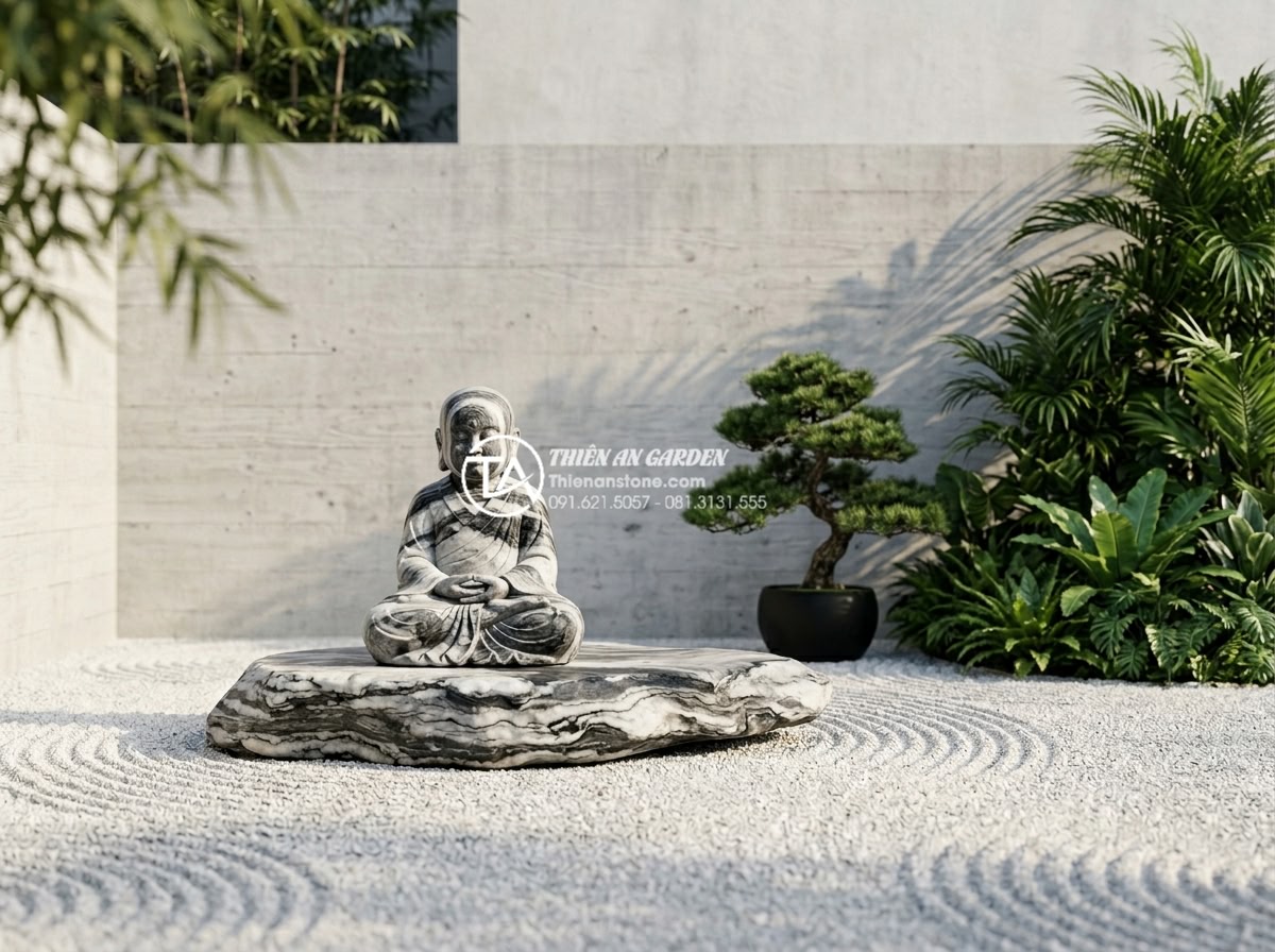 Xu hướng thiết kế tiểu cảnh chú tiểu phong cách tối giản (Minimalism) 2026 - High-resolution photorealistic image of a minimalist stone monk garden in modern