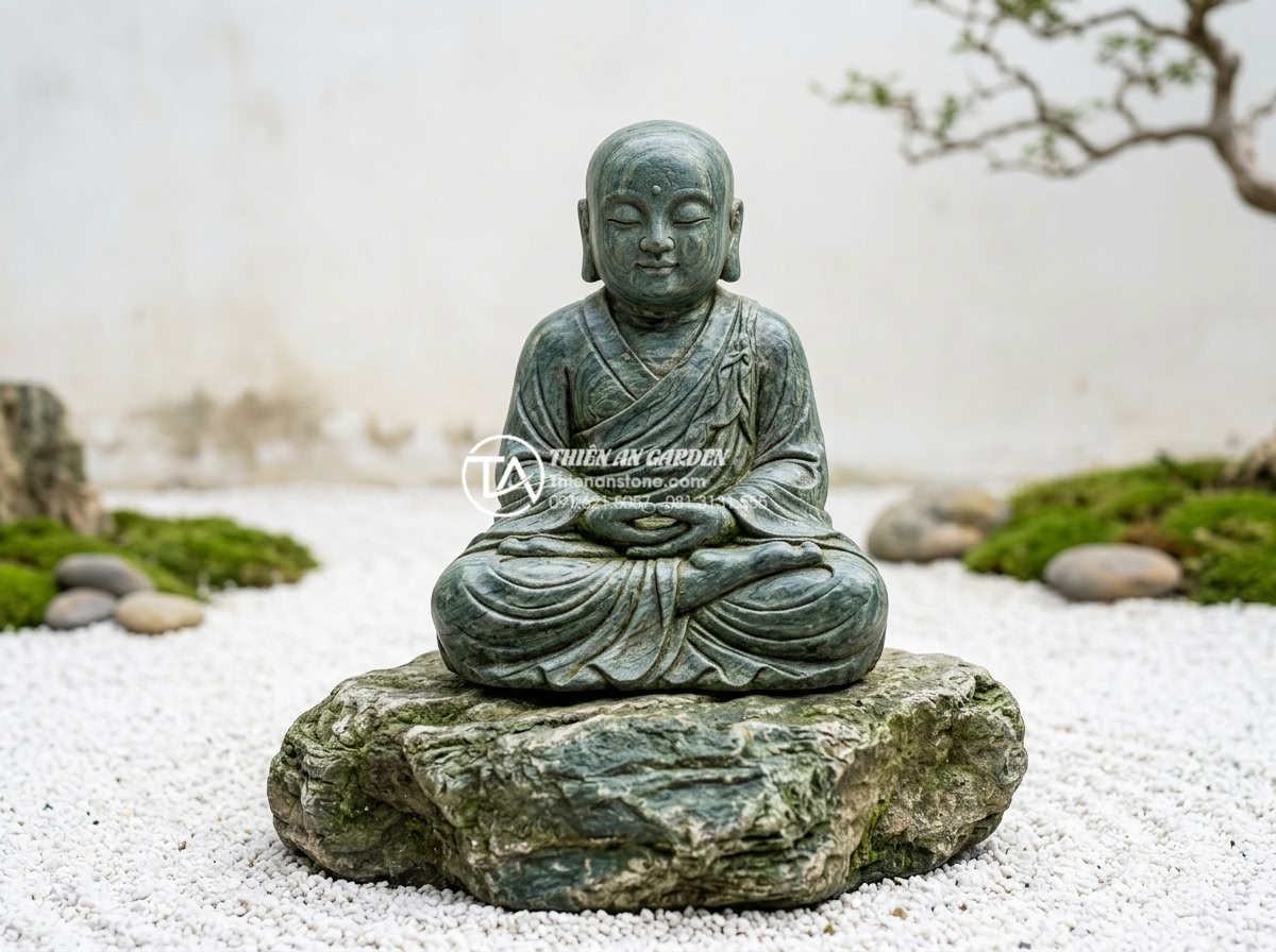 Xu hướng thiết kế tiểu cảnh chú tiểu phong cách tối giản (Minimalism) 2026 - Detailed close-up photorealistic view of hand-carved natural stone little monk s