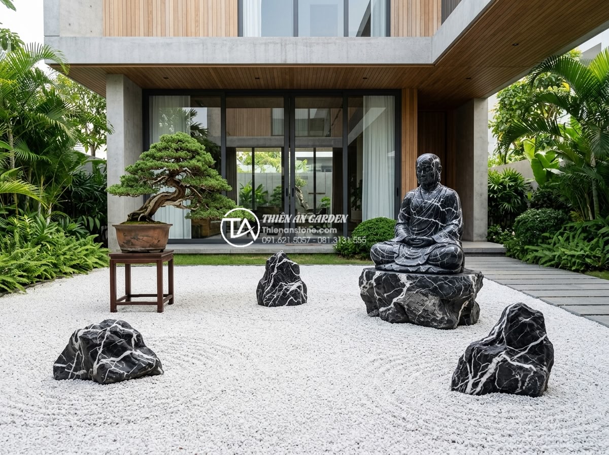 Xu hướng thiết kế tiểu cảnh chú tiểu phong cách tối giản (Minimalism) 2026 - Wide angle photorealistic minimalist zen garden design 2026 in modern Vietnamese