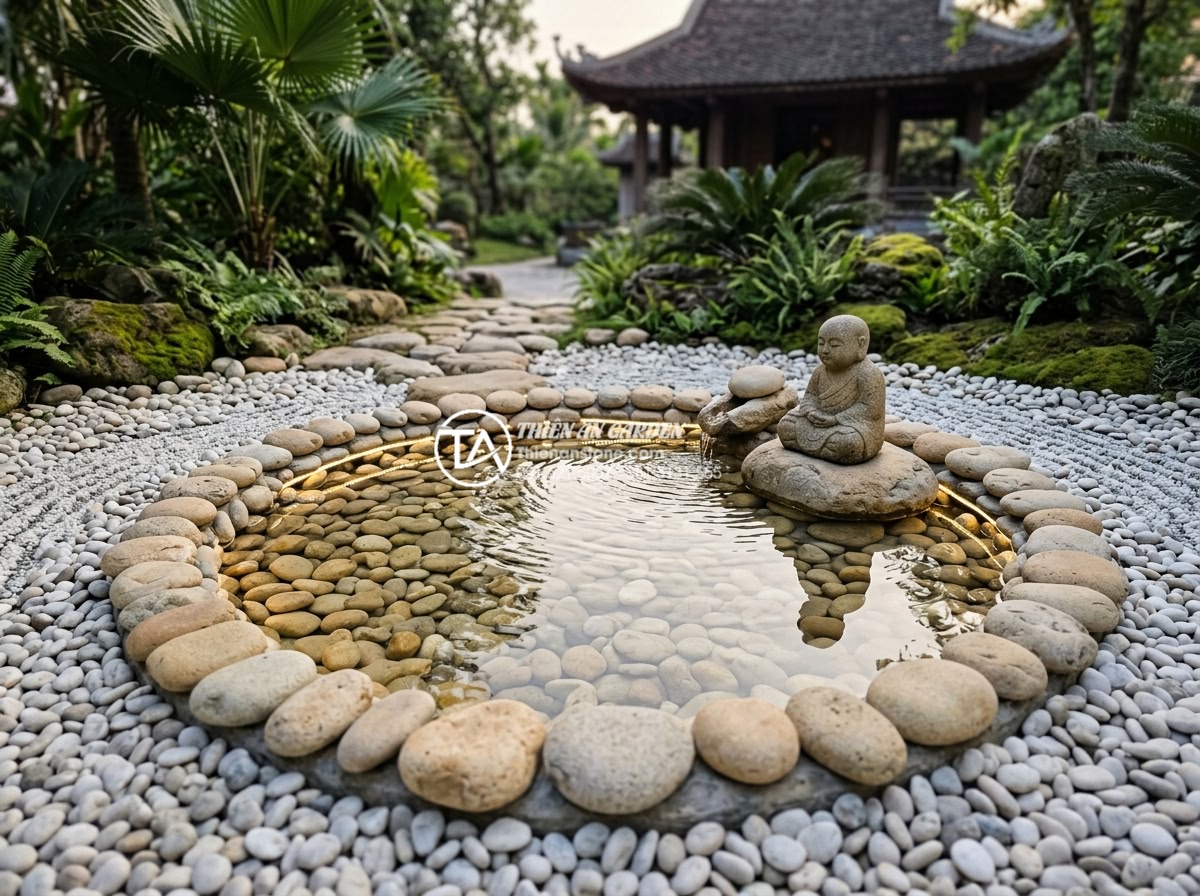 Xu hướng thiết kế tiểu cảnh chú tiểu phong cách tối giản (Minimalism) 2026 - Photorealistic minimalist zen water feature in stone monk garden 2026, clear sha