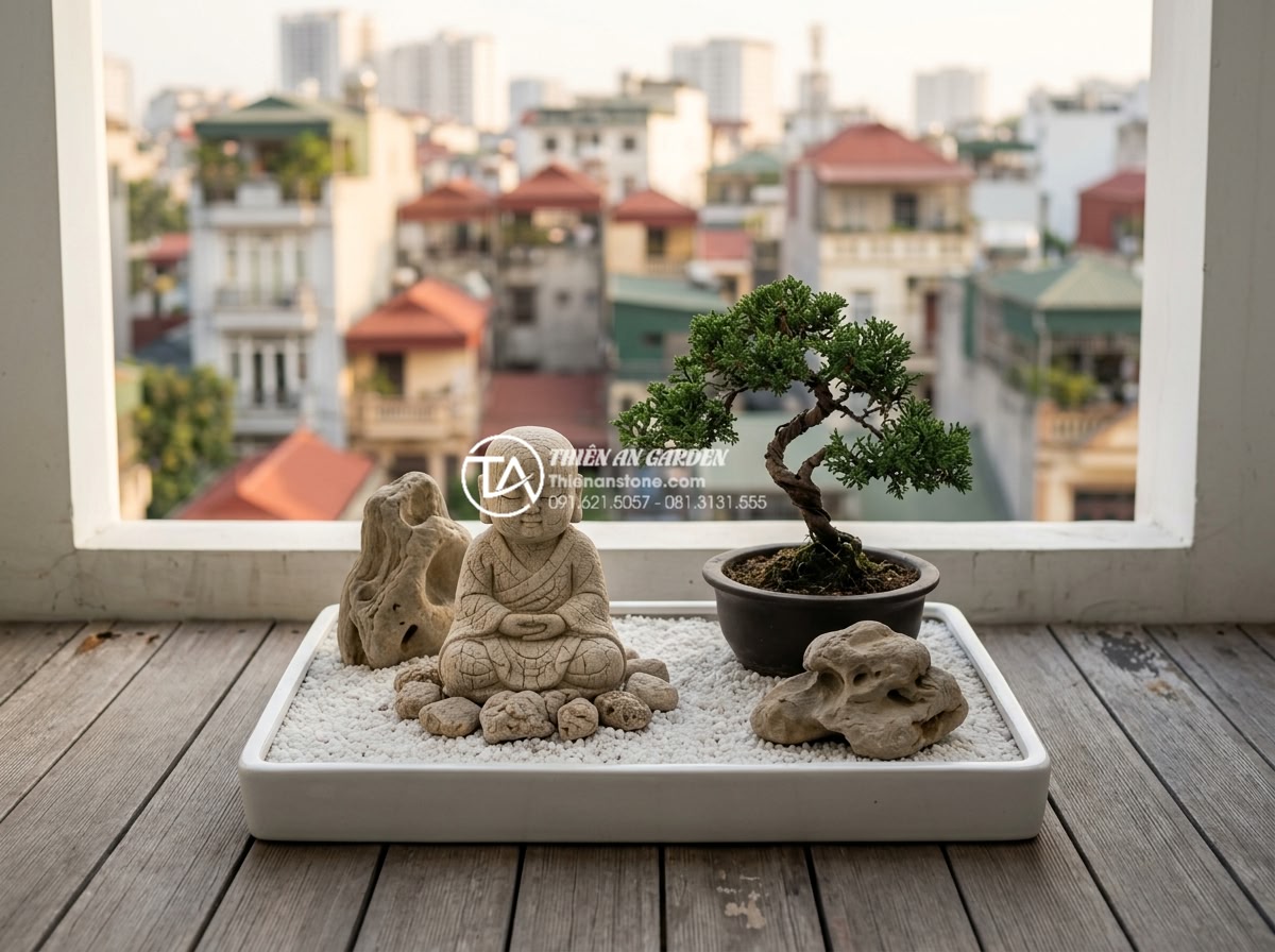 Xu hướng thiết kế tiểu cảnh chú tiểu phong cách tối giản (Minimalism) 2026 - Photorealistic image of compact minimalist stone monk zen garden for small balco