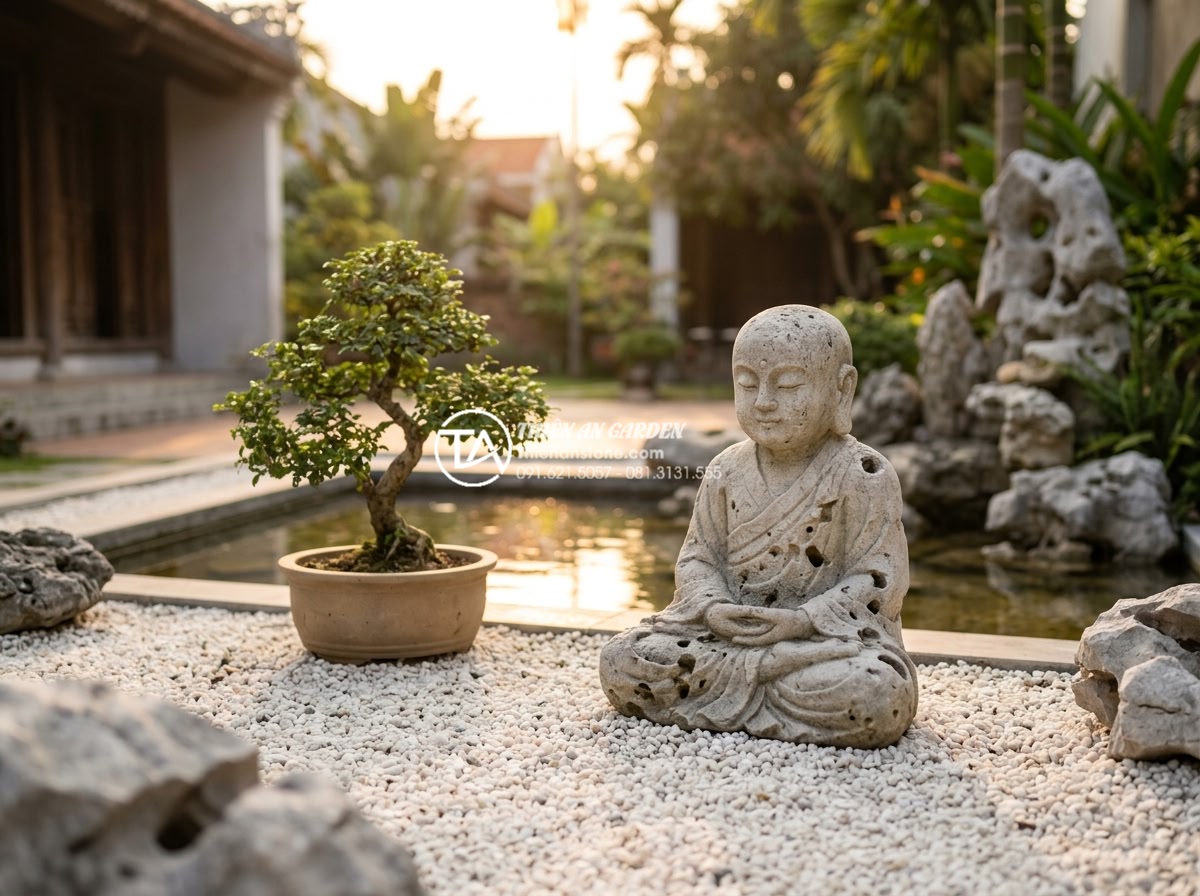 Xu hướng thiết kế tiểu cảnh chú tiểu phong cách tối giản (Minimalism) 2026 - Serene photorealistic minimalist zen garden with stone monk statue at golden hou