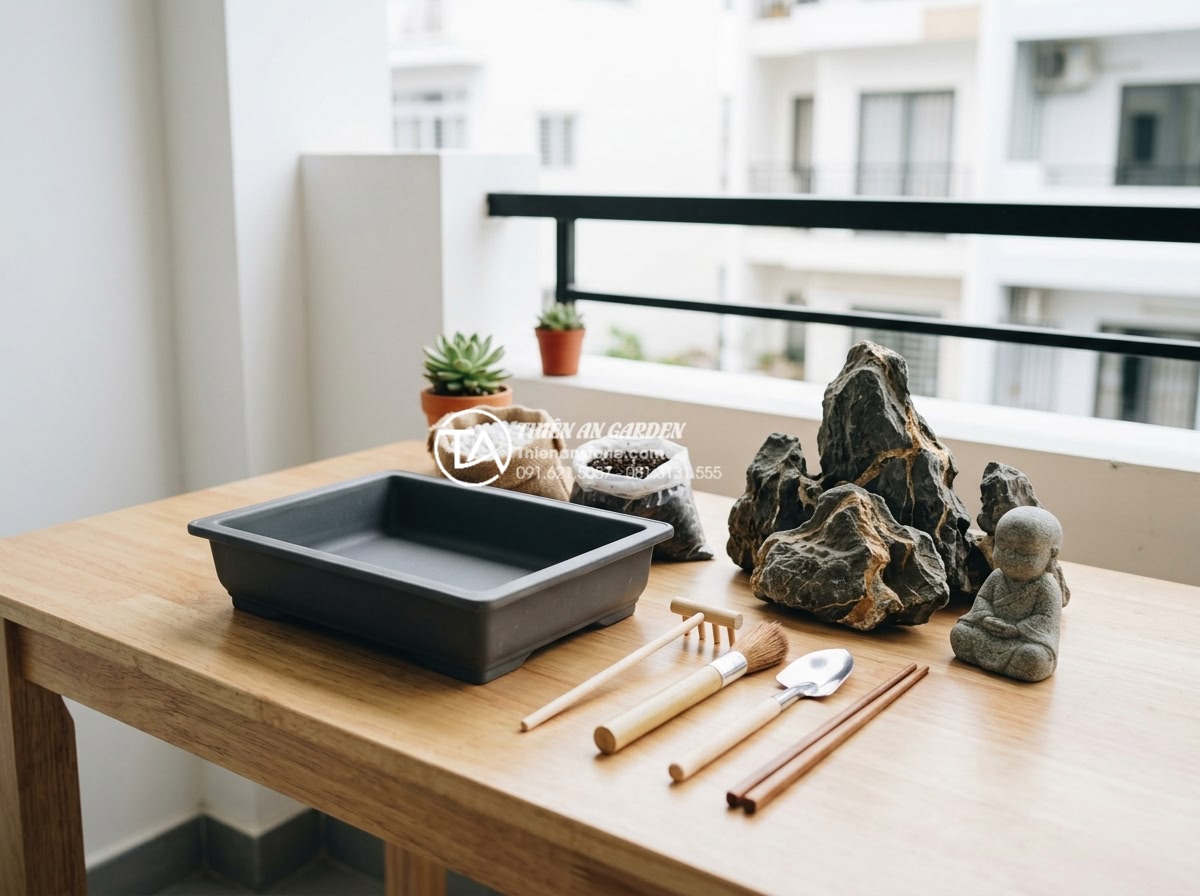 Xu hướng thiết kế tiểu cảnh chú tiểu phong cách tối giản (Minimalism) 2026 - Step by step photorealistic guide image showing simple DIY minimalist stone monk