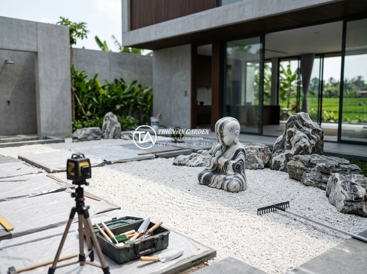 Xu hướng thiết kế tiểu cảnh chú tiểu phong cách tối giản (Minimalism) 2026 - Professional team installing minimalist zen garden with stone monk statue at lux