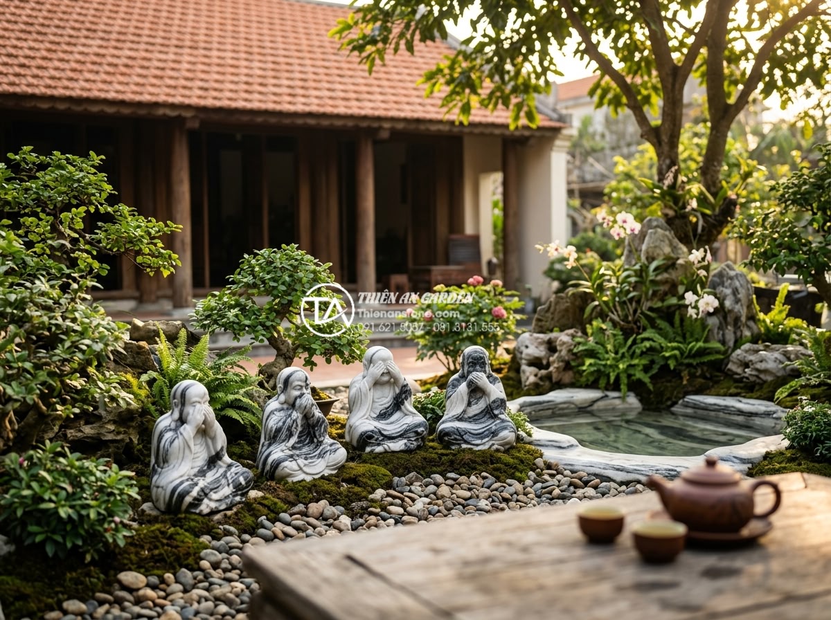 Ý nghĩa bộ tượng chú tiểu Tứ Không: Che mắt, chặn tai, khóa miệng, thân tâm an lạc - Hình 10 Ý nghĩa bộ tượng chú tiểu Tứ Không: Che mắt, chặn tai, khóa miệng, thân tâm an lạc - Happy customer testimonial scene showing a Vietnamese family smiling in front of