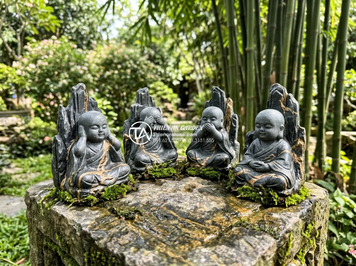 Ý nghĩa bộ tượng chú tiểu Tứ Không: Che mắt, chặn tai, khóa miệng, thân tâm an lạc - Hình 2 Ý nghĩa bộ tượng chú tiểu Tứ Không: Che mắt, chặn tai, khóa miệng, thân tâm an lạc - Close-up artistic view of the four chú tiểu Tứ Không statues arranged in a perfe