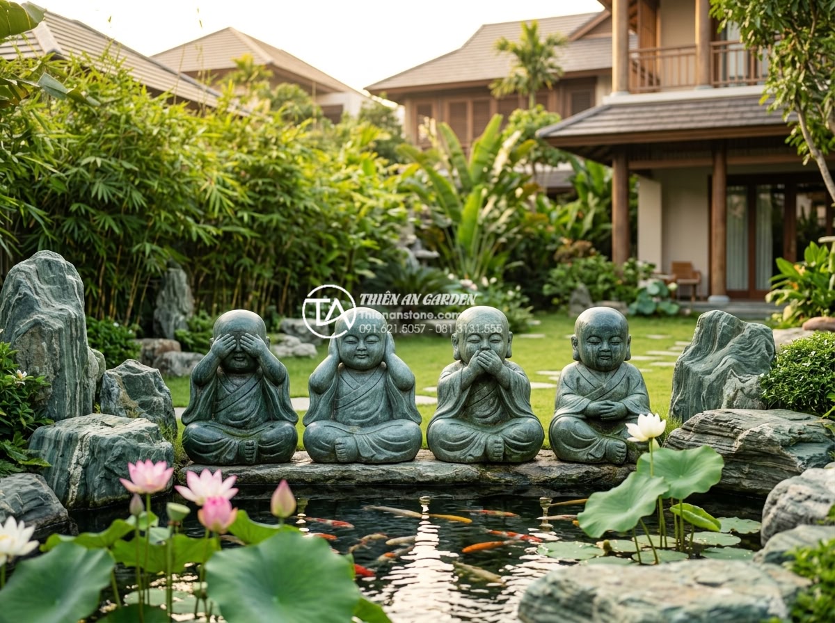 Ý nghĩa bộ tượng chú tiểu Tứ Không: Che mắt, chặn tai, khóa miệng, thân tâm an lạc - Hình 4 Ý nghĩa bộ tượng chú tiểu Tứ Không: Che mắt, chặn tai, khóa miệng, thân tâm an lạc - Wide angle view of complete Tứ Không little monk statue set placed in luxury vil