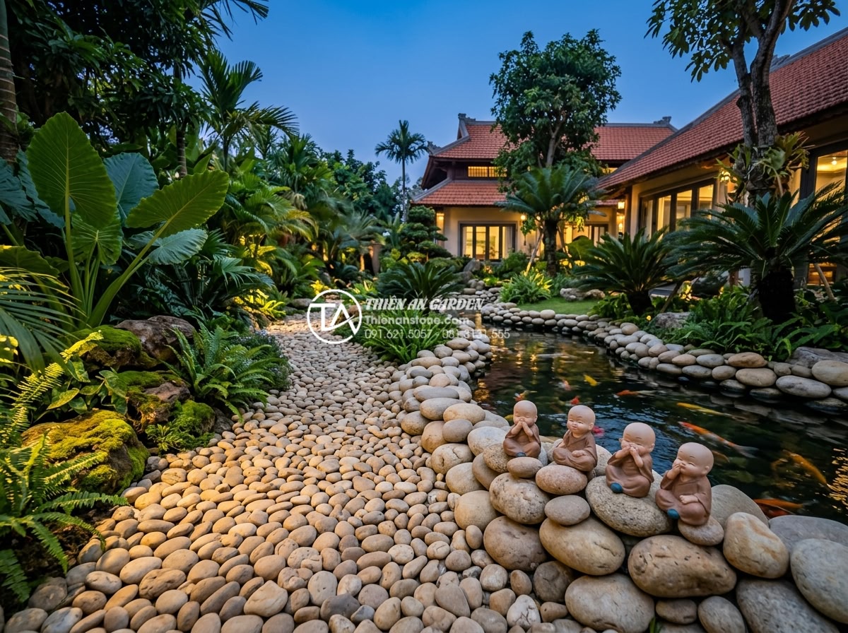 Ý nghĩa bộ tượng chú tiểu Tứ Không: Che mắt, chặn tai, khóa miệng, thân tâm an lạc - Hình 6 Ý nghĩa bộ tượng chú tiểu Tứ Không: Che mắt, chặn tai, khóa miệng, thân tâm an lạc - Professional landscape design photo of luxury villa garden with Tứ Không little