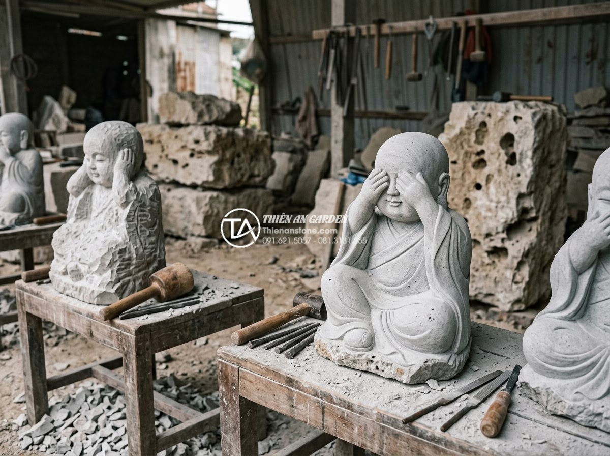 Ý nghĩa bộ tượng chú tiểu Tứ Không: Che mắt, chặn tai, khóa miệng, thân tâm an lạc - Hình 8 Ý nghĩa bộ tượng chú tiểu Tứ Không: Che mắt, chặn tai, khóa miệng, thân tâm an lạc - Behind the scenes workshop photo showing skilled artisans at Đá Cảnh Thiên An ca