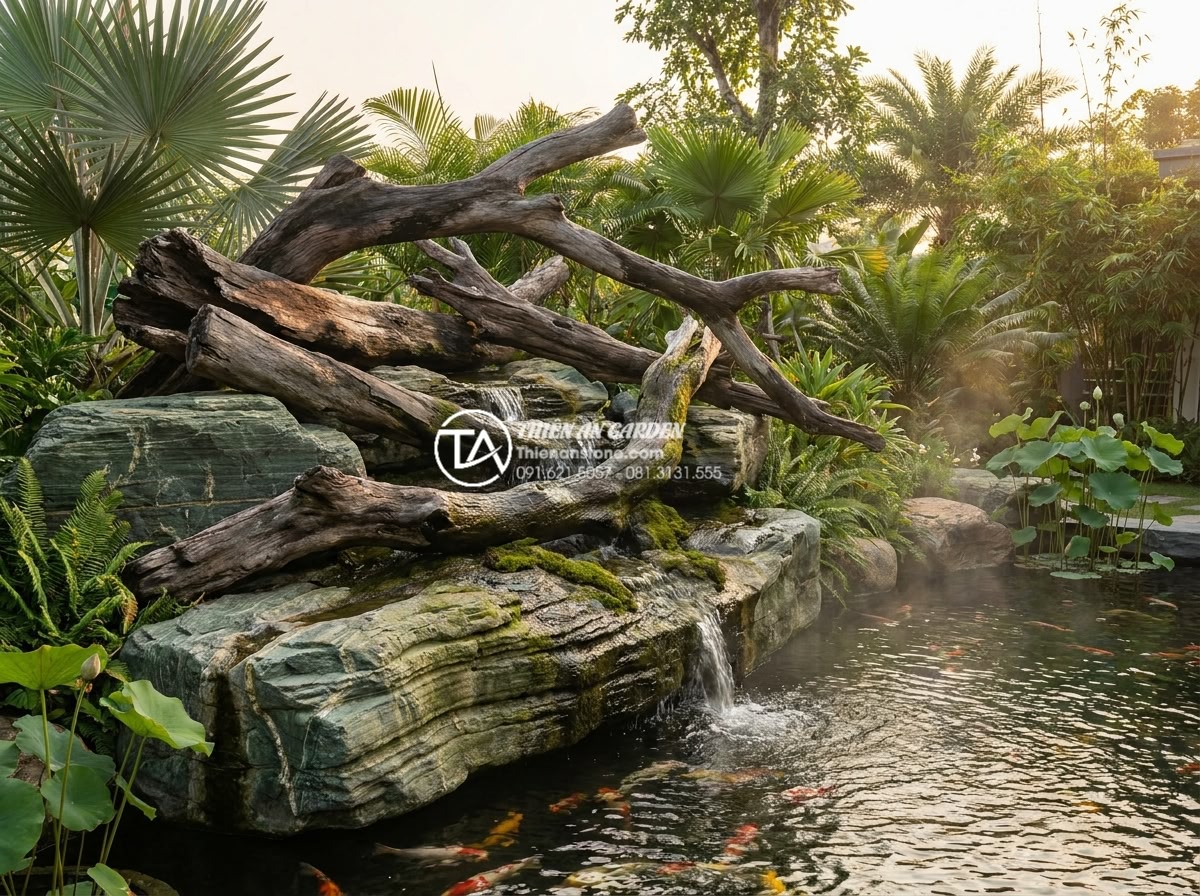 Ý tưởng thiết kế tiểu cảnh gỗ lũa kết hợp thác nước phong thủy - Hình 2 Ý tưởng thiết kế tiểu cảnh gỗ lũa kết hợp thác nước phong thủy - High-resolution realistic photograph of an elegant outdoor driftwood and waterfa