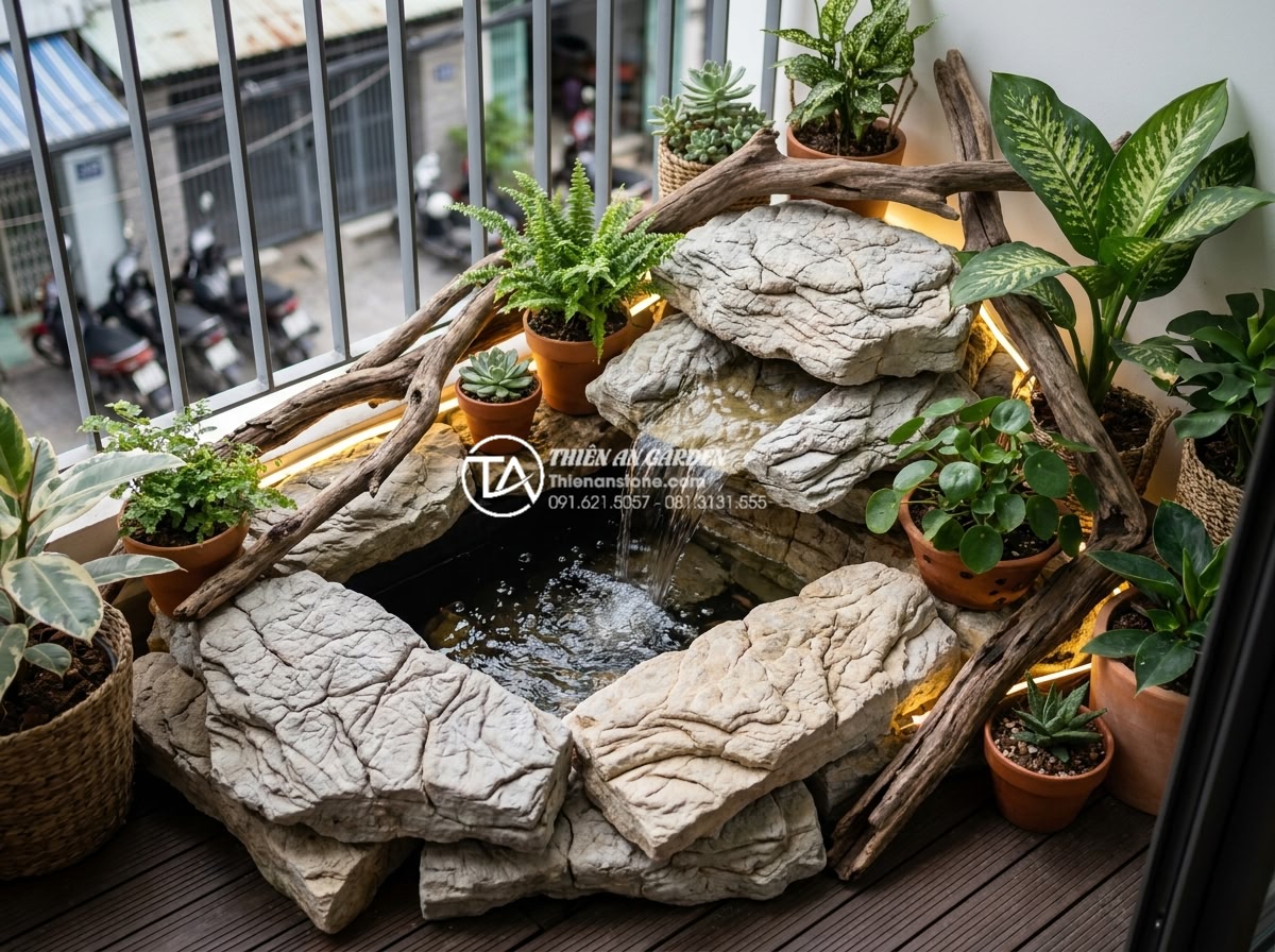 Ý tưởng thiết kế tiểu cảnh gỗ lũa kết hợp thác nước phong thủy - Hình 5 Ý tưởng thiết kế tiểu cảnh gỗ lũa kết hợp thác nước phong thủy - Realistic image of a compact modern balcony waterfall landscape using driftwood