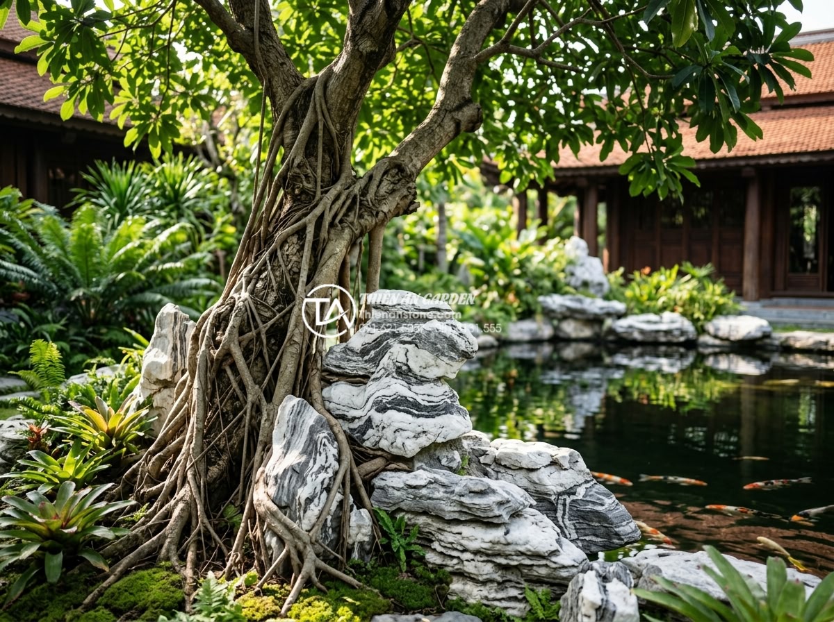 Ý tưởng trang trí gốc cây lộc vừng bằng đá tuyết sơn sang trọng - Hình 1 Ý tưởng trang trí gốc cây lộc vừng bằng đá tuyết sơn sang trọng - Luxurious Vietnamese garden scene featuring a mature Barringtonia acutangula (lộ