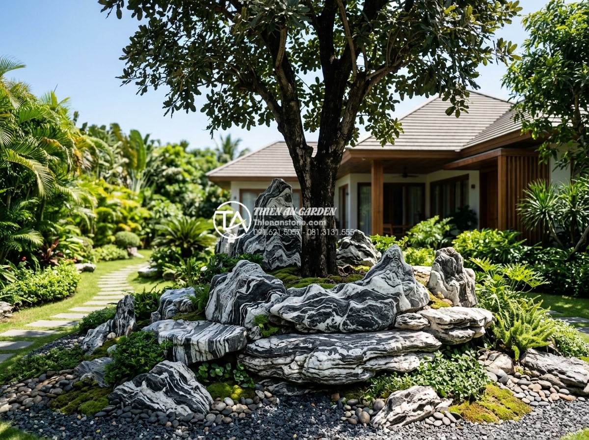 Ý tưởng trang trí gốc cây lộc vừng bằng đá tuyết sơn sang trọng - Hình 10 Ý tưởng trang trí gốc cây lộc vừng bằng đá tuyết sơn sang trọng - Professional team from Đá Cảnh Thiên An installing premium Snow Mountain stone r